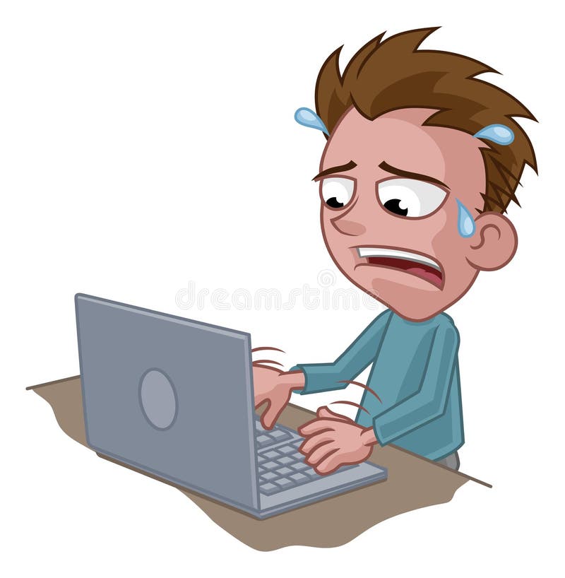 Stressed Anxious Man Using Laptop Cartoon Stock Vector - Illustration