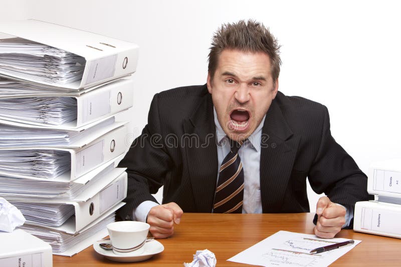 Stressed business man screams frustrated in office royalty free stock photography Stressed business man screams frustrated in office royalty free stock photography