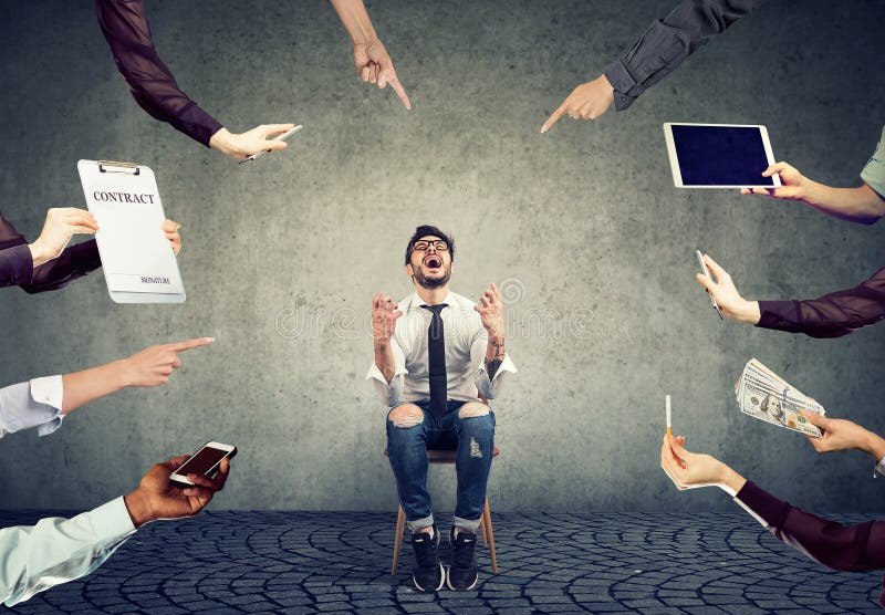 Stressed business man tired of busy corporate life stock images