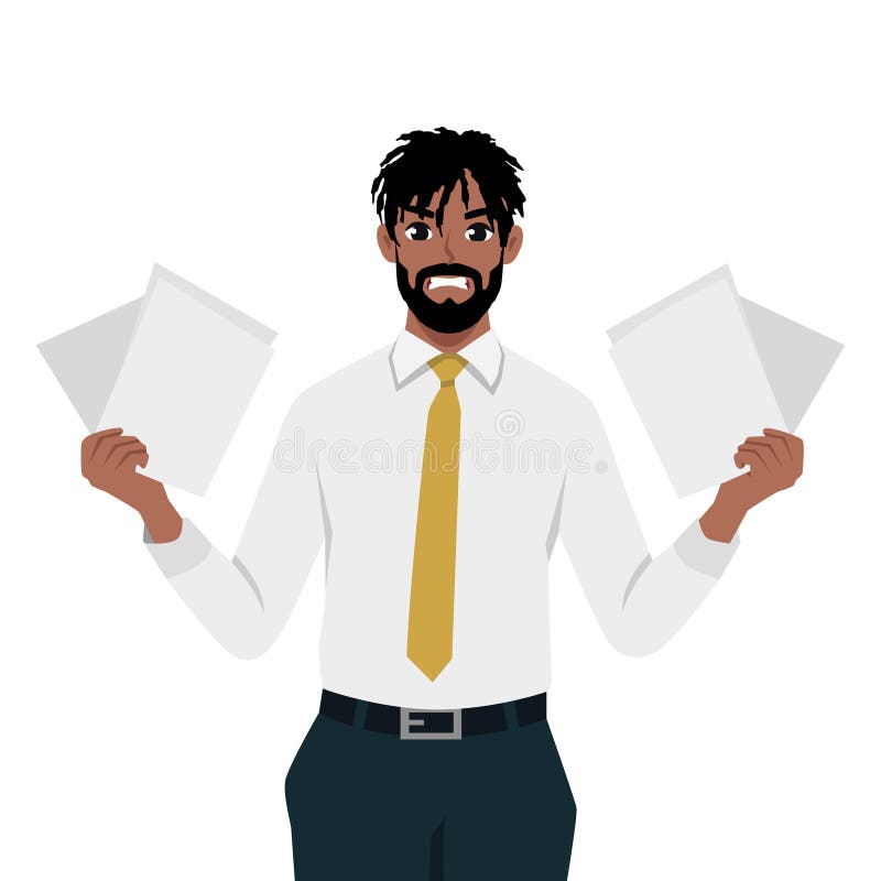 Stressed Businessman holding multiple documents with a tense or frustrated expression stock illustration