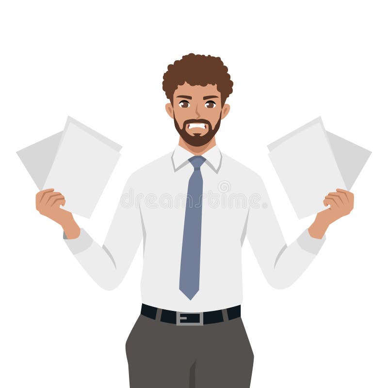 Stressed Businessman holding multiple documents with a tense or frustrated expression vector illustration