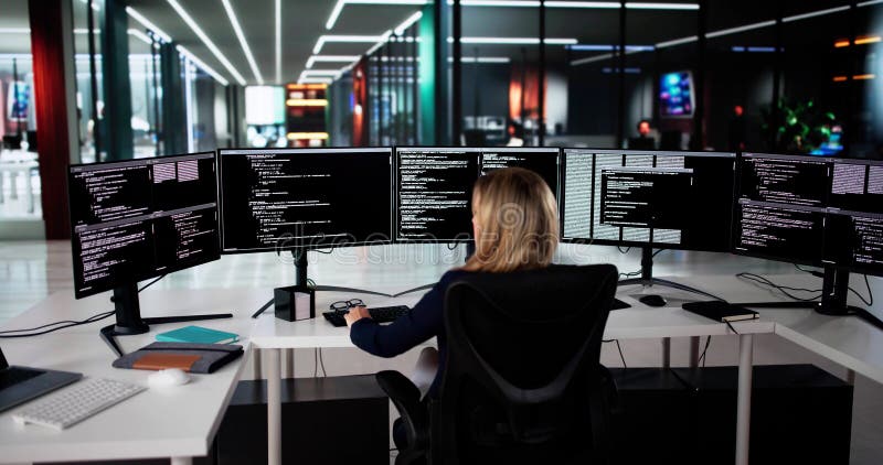 Stressed Female Programmer Struggles To Code Software stock image
