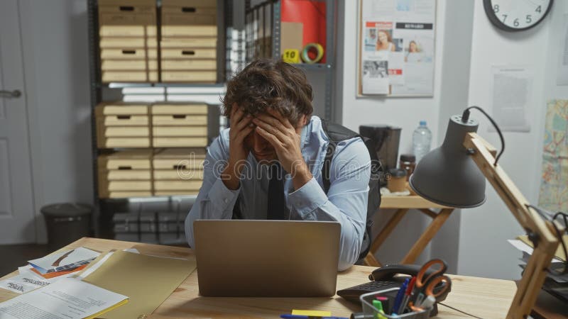 Stressed hispanic man with beard in detective office feeling overwhelmed by paperwork, laptop and indoor setting. Detective paperwork stock images, royalty-free photos and pictures