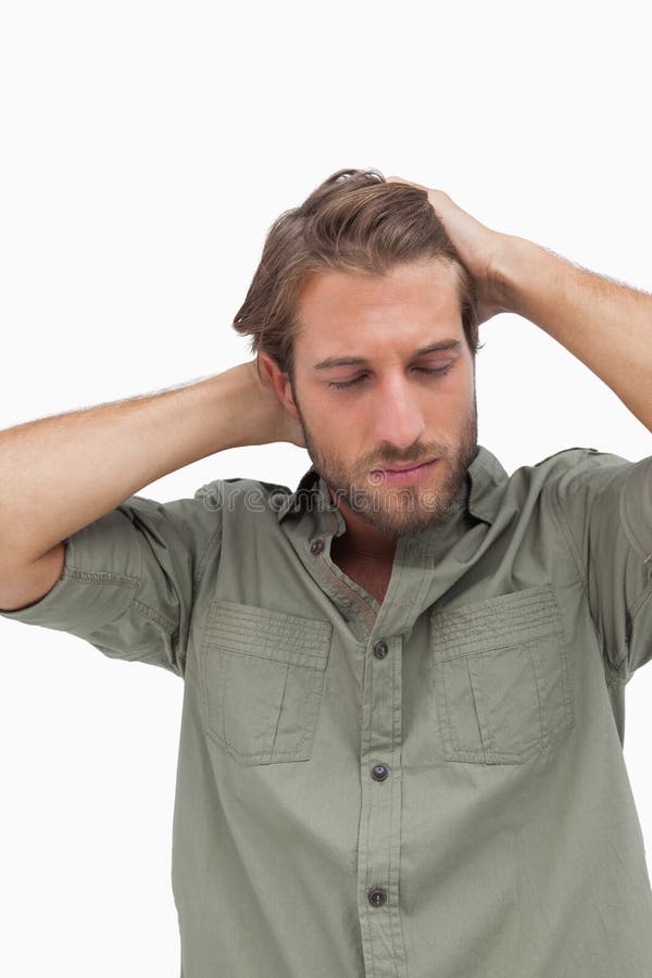 Stressed Man Looking Down with Hands on Head Stock Photo Image of