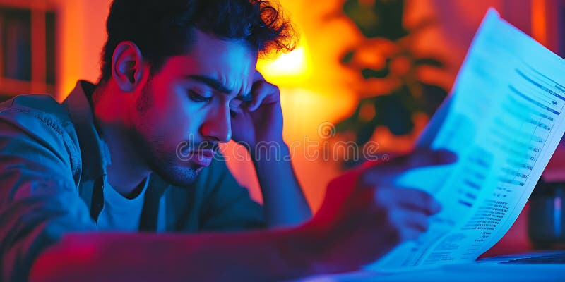 Stressed Man Reviewing Documents at Night stock illustration