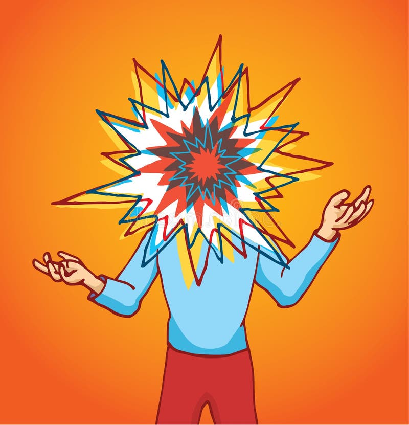 Cartoon illustration of stressed man with colorful exploding head royalty f...