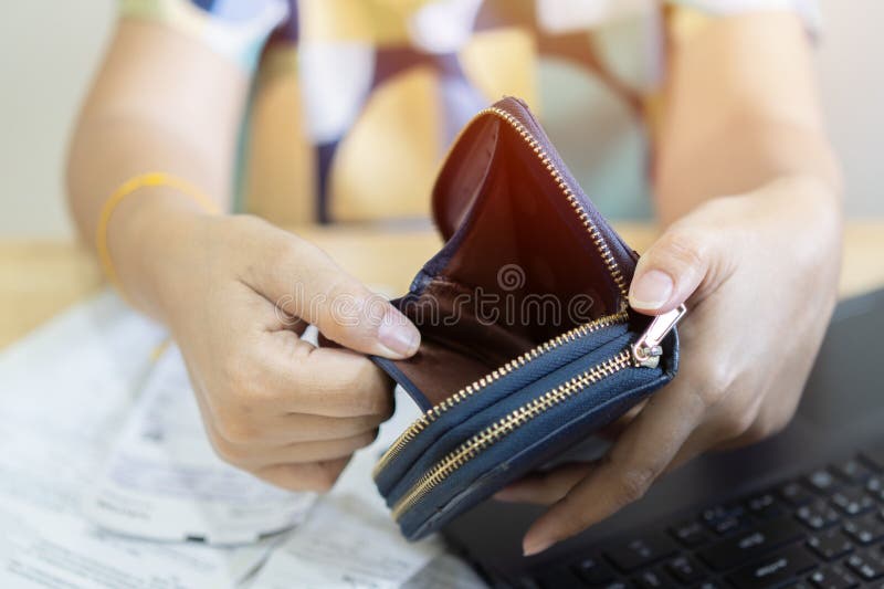 Stressed, Problem business person woman holding and open empty wallet, purse no have money for bill payment