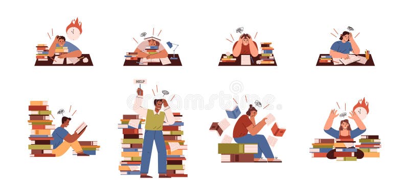 Stressed students learning before exams or test vector illustration isolated. vector illustration