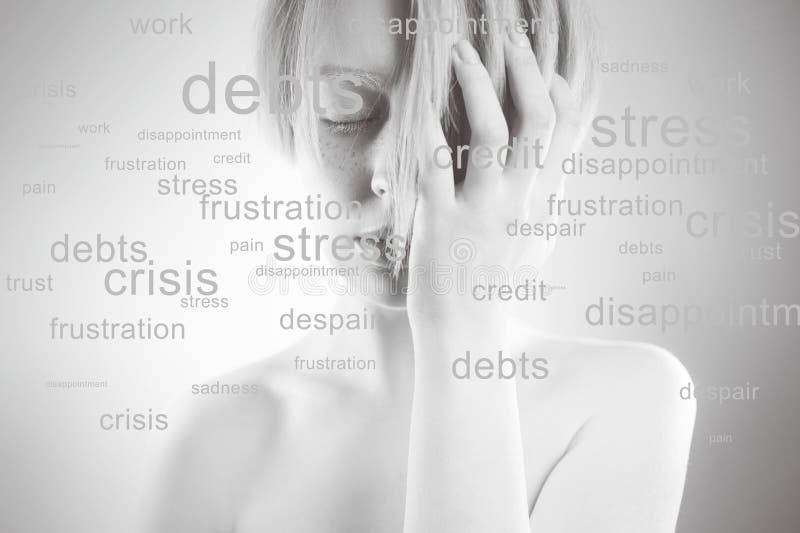 Stressed woman. Conceptual image, portrait of girl, around her a lot of problems, words around the head. Stressed woman. Conceptual image, portrait of girl, around her a lot of problems, words around the head