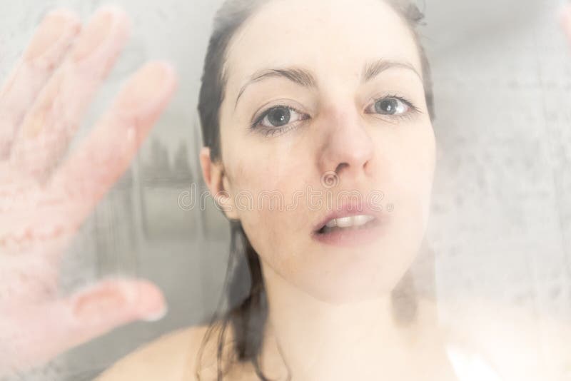 Close Up Portrait Of A Woman Having Fun Touching The Glass In The Shower Stock Image Image Of