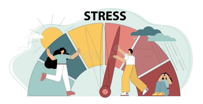 Stress concept. Emotional overload. Stress levels are reduced through the concept of problem solving and the pressure of tiny people. Employee frustrations at work. Vector flat illustration. Stress concept. Emotional overload. Stress levels are reduced through the concept of problem solving and the pressure of tiny people. Employee frustrations at work. Vector flat illustration