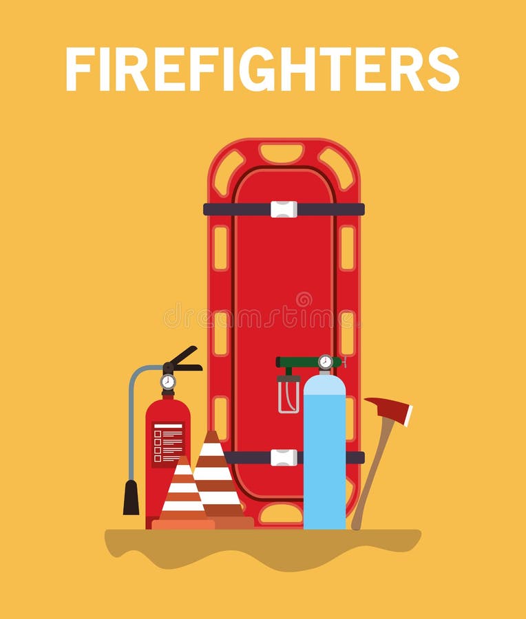 Stretcher extinguisher cones oxygen cylinders and axe vector design royalty free illustration
