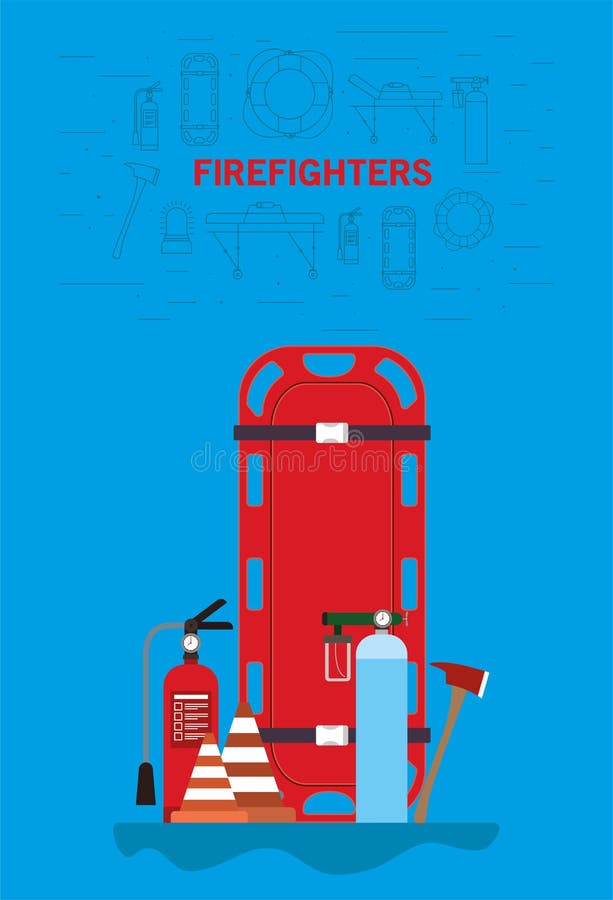 Stretcher extinguisher cones oxygen cylinders and axe vector design vector illustration