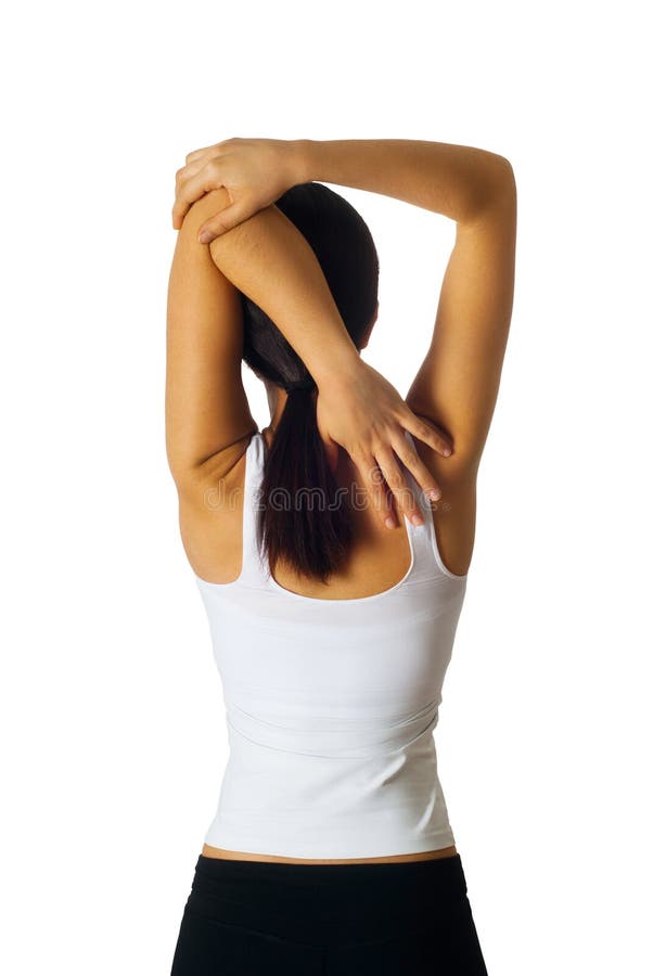 Photo of sportive girl with fit body, streching her arm and shoulder for preventing possible injuries. Photo of sportive girl with fit body, streching her arm and shoulder for preventing possible injuries.