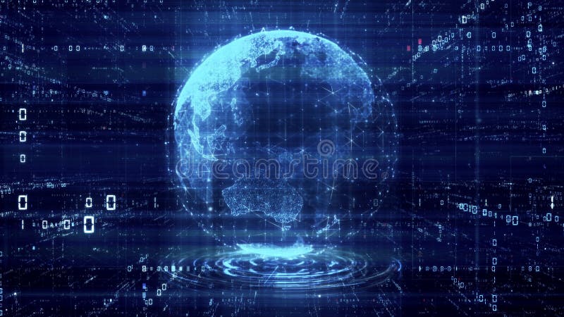 Streuung des digitalen Planeten Erde im Tunnel durch 3D-Cyberspace-Animation stock abbildung