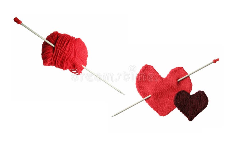 Red knitted heart with Eros' arrow and a skein with needle. Red knitted heart with Eros' arrow and a skein with needle