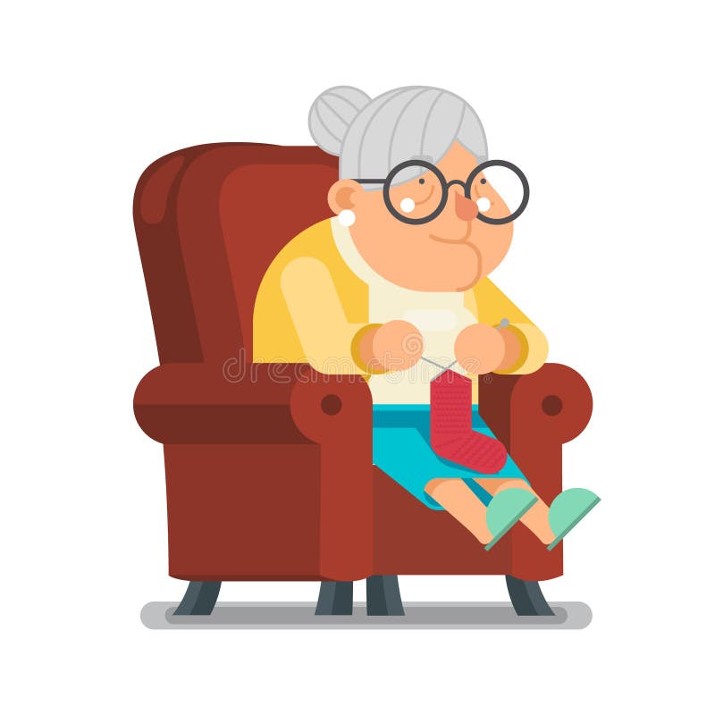 Stricken Sie Wollsocke für Enkelkind-Sit Rest Granny Old Lady-Charakter-Karikatur-flache Design-Vektorillustration