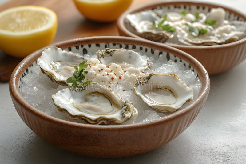 Stridii proaspete pe gheață cu pene de lămâie și garnitură pentru o experiență gastronomică de luat masa cu fructe de mare Generat royalty free illustration