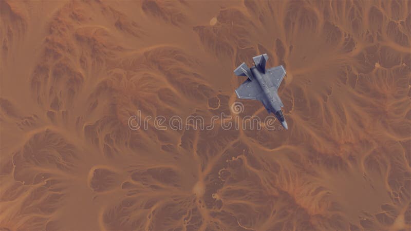 Strike Fighter Jet Aircraft High Altitude Above Arid Mountain Desert with Sediment Mudflat