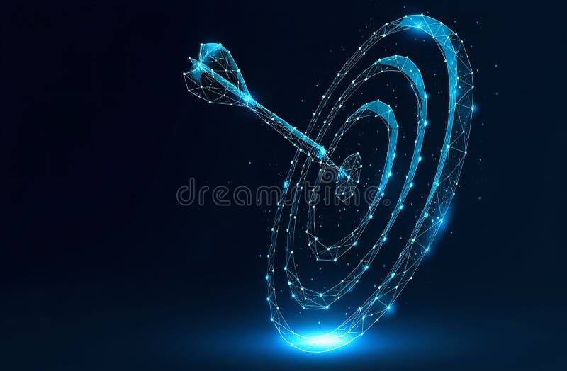 Futuristic Glowing Dart Hits Bullseye, Low-Poly Digital Art of Success and Precision royalty free illustration