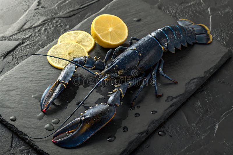 A striking blue lobster is displayed on a dark slate surface with slices of bright yellow lemon. royalty free illustration