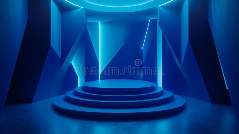 Vibrant blue minimalist stage with illuminated geometric designs. Generative AI royalty free illustration