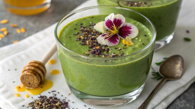 A striking closeup of a spinach smoothie bright green and frothy in a sleek clear glass. Its surface bears a artistic stock photography