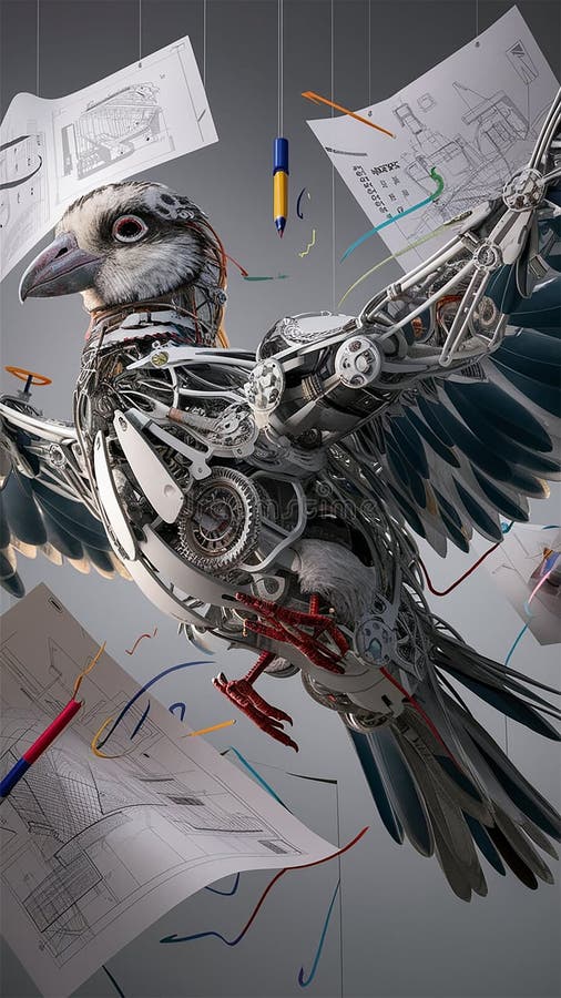 A futuristic, mechanical stormy petrel, intricately crafted from metallic parts and cogs royalty free illustration