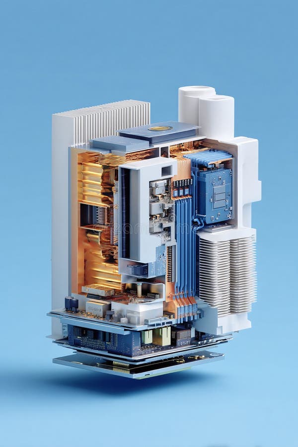 Striking 3D rendering of a computers internal components, exploded view showcasing intricate circuitry cooling systems vector illustration