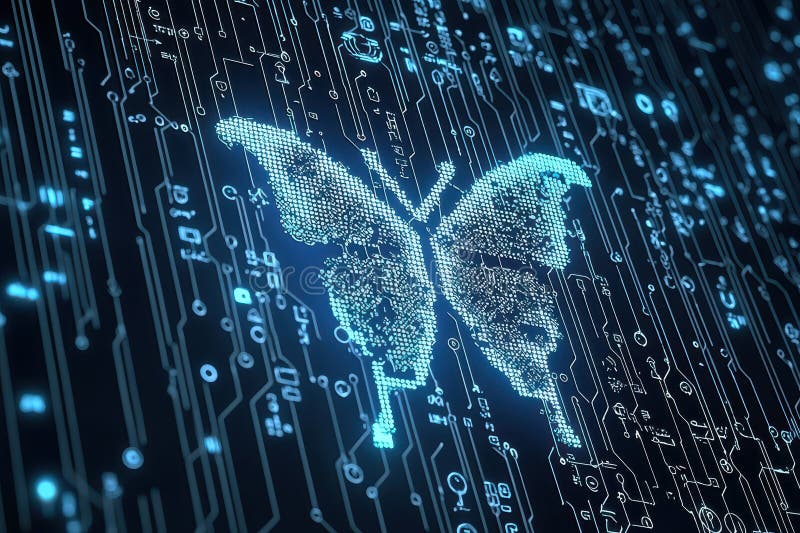 Digital Butterfly Emerging from Glowing Matrix of Circuit Patterns and Data Visuals royalty free stock photos