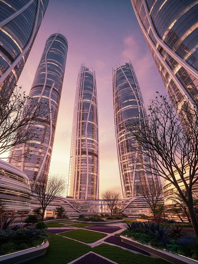 Striking Futuristic Skyscraper Cluster with Twisting Design at Sunset royalty free stock image