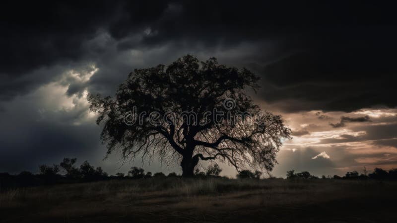 A dramatic and ominous silhouette of a stormy sky with a tree in the foreground created with Generative AI vector illustration