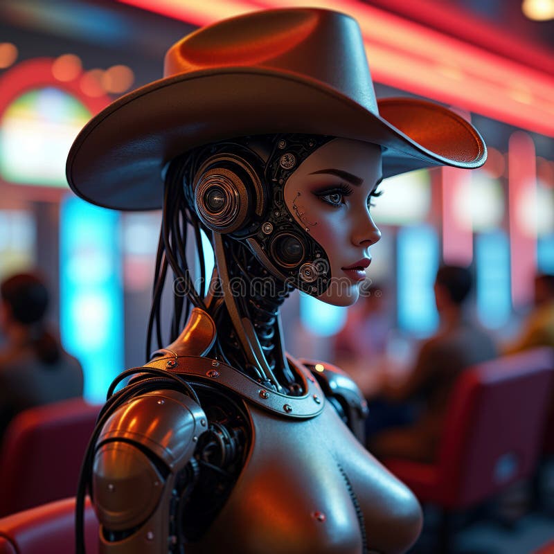 A striking image of cowboy hatted robot interacting with human subjects in vibrant futuristic setting generative fotografia stock
