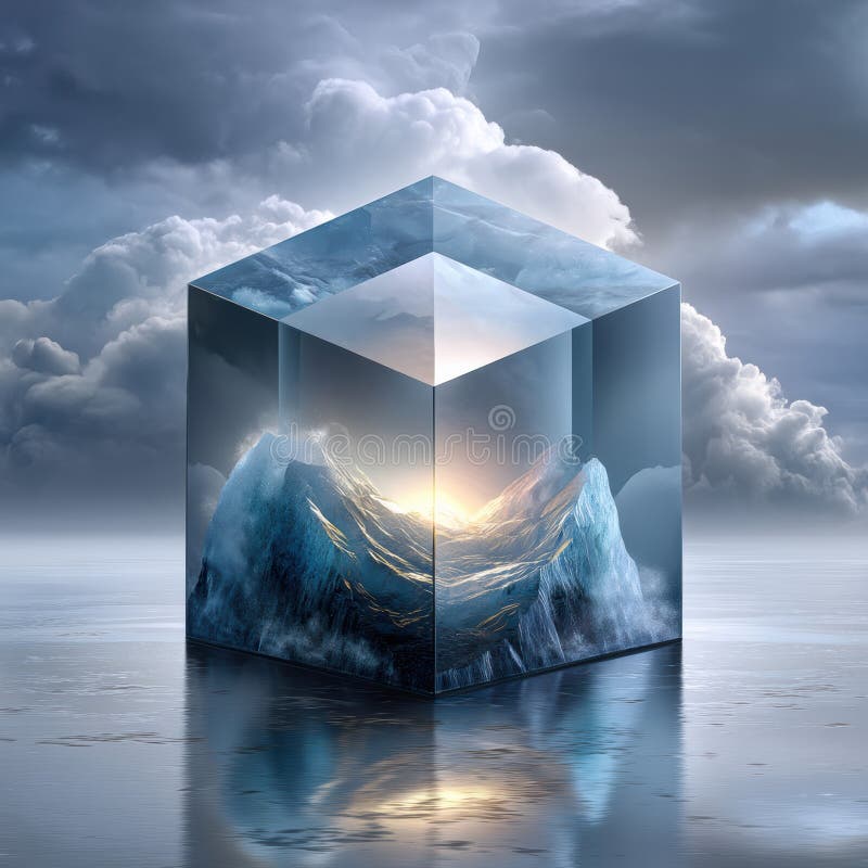 Exploring the Unique Cube Shaped Iceberg with a Majestic Mountain Backdrop in the Cybersecurity and Cloud Landscape stock illustration