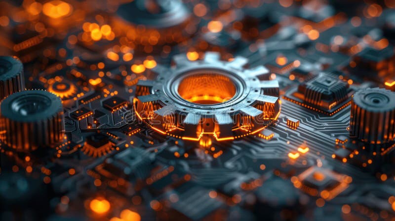 Digital Circuit Board with Paper Gear for Futuristic Tech Concept vector illustration