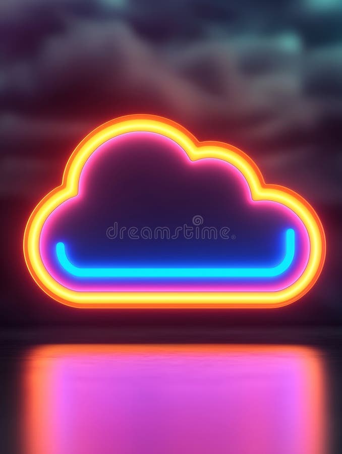 Vibrant Neon Cloud Design with Floating Effect Above Reflective Surface royalty free illustration