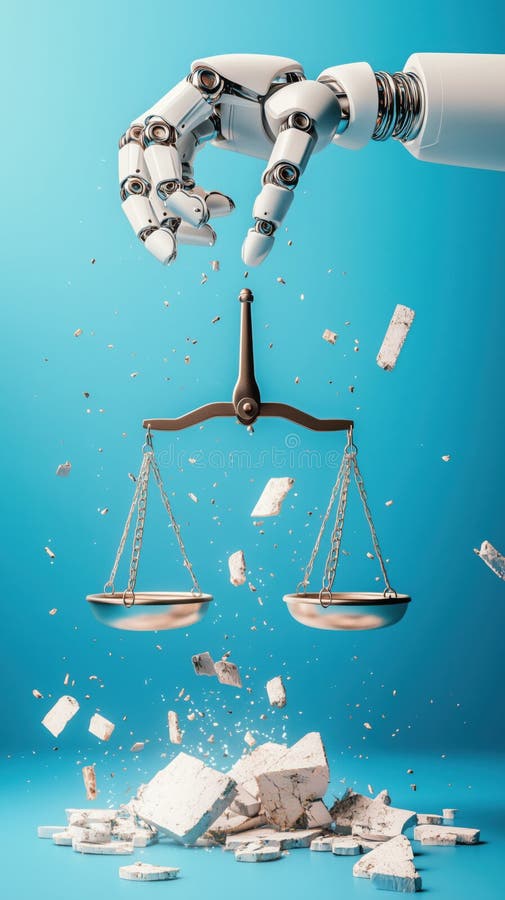 A Stark Symbolic Representation of Justice Disrupted: Robotic Hand Shattering a Broken Legal Scale Against a Vibrant Blue Backdrop stock illustration