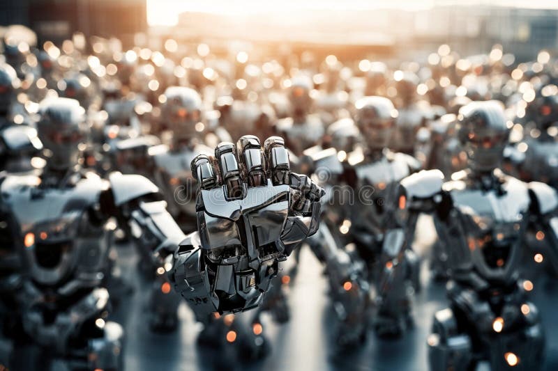 Robotic Army Marching at Sunset stock illustration