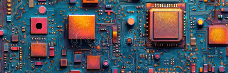 Digital Circuit Board: A Futuristic Display of Precision and Complexity with Metallic and Neon Hues, Binary Codes, and A royalty free illustration