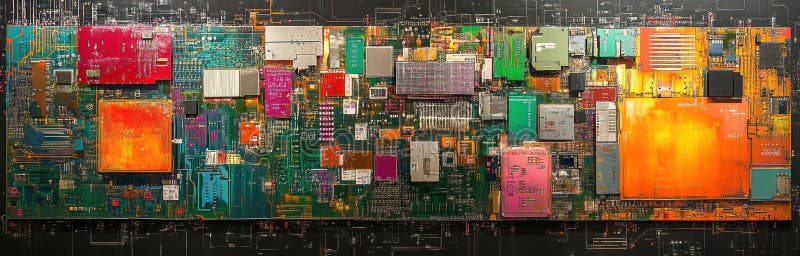 Digital Circuit Board: A Futuristic Display of Precision and Complexity with Metallic and Neon Hues, Binary Codes, and A royalty free illustration