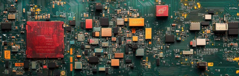 Digital Circuit Board: A Futuristic Display of Precision and Complexity with Metallic and Neon Hues, Binary Codes, and A stock illustration