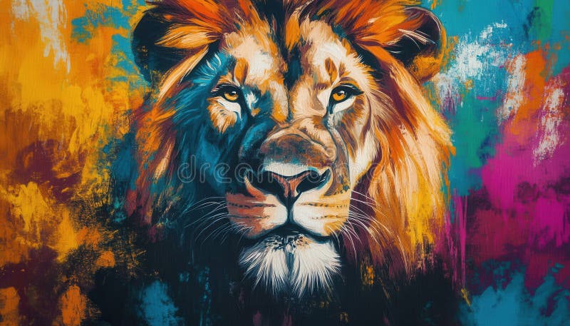 Colorful lion portrait with vibrant background in an artistic style stock image