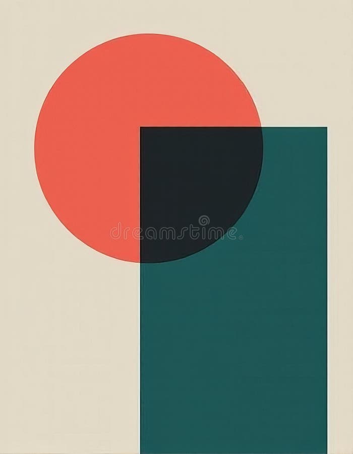 Minimalist Geometric Harmony Bold Coral Circle and Deep Teal Rectangle on a Clean Light Grey Background royalty free illustration