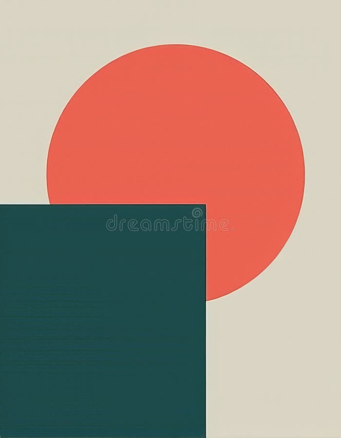 Minimalist Geometric Harmony Bold Coral Circle and Deep Teal Rectangle on a Clean Light Grey Background stock illustration