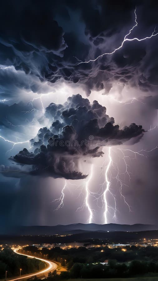 Striking night sky with intense thunder flashes illuminating swirling dark storm clouds vector illustration