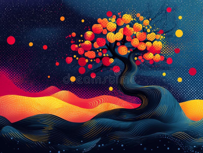 Vibrant Pop Art depiction serpent temptress entwined colorful apple tree symbolizing year 2025 bold patterns and dynamic royalty free stock photos