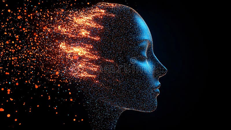 Abstract Digital Human Head Profile Glowing Particles AI Concept Technology Futuristic stock illustration.