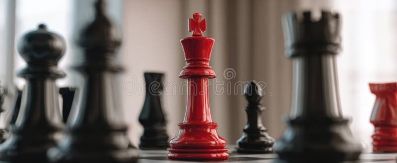 The striking red king stands out in a dramatic chess competition. image stock photo.