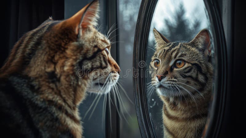 Tabby Cat Staring into Mirror Reflection Indoors stock photos