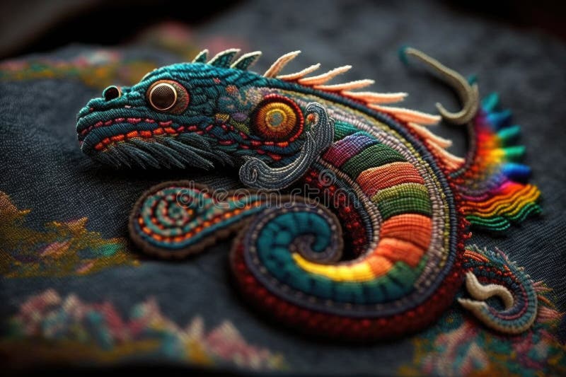 Colorful Thai style dragon embroidery on a black background stock illustration